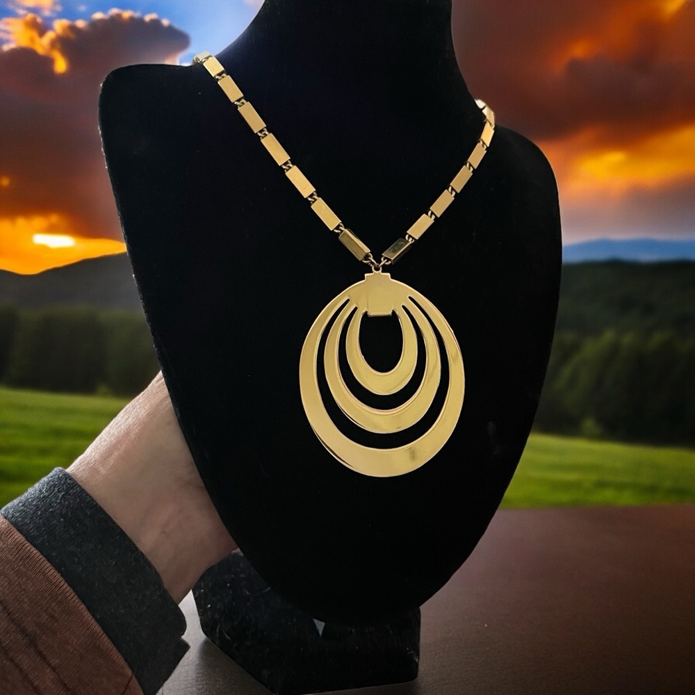 Vintage Monet Necklace 1966 Gold Tournee Pendant, Statement -Book Piece necklace